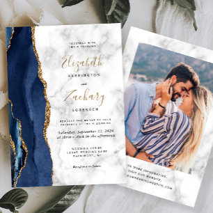 Convites Casamento Foto Mármore Azul Naval Dourado Ágata Mo