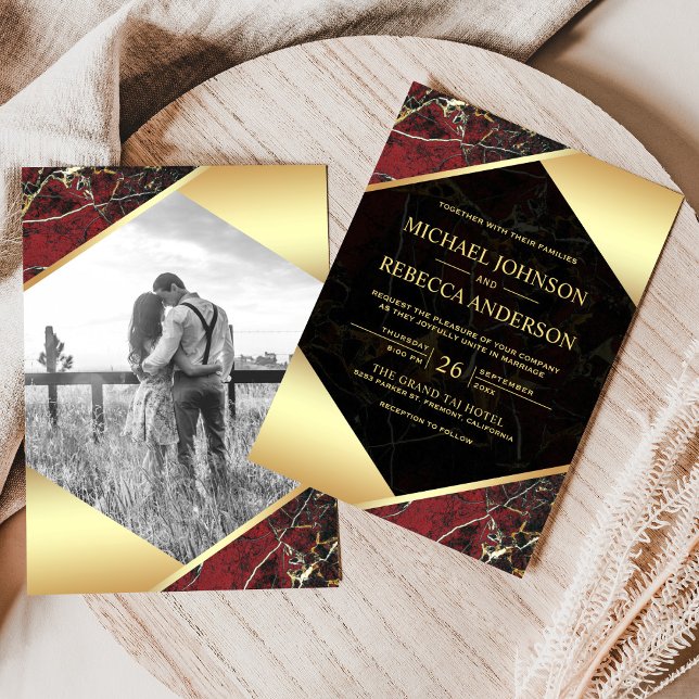 Convites Casamento Foto Mármore Vermelho Borgonha Geométric (Criador carregado)