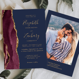 Convites Casamento Foto Moderno Burgundy Dourado Ágata Azul