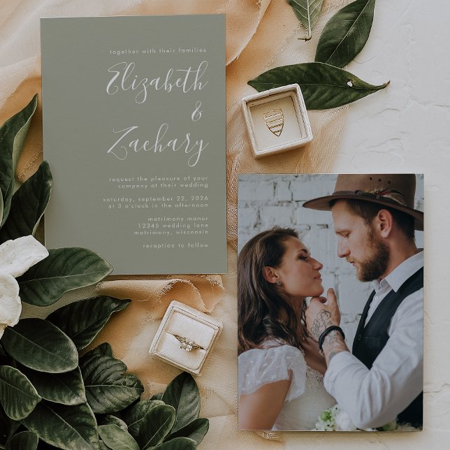 Convites Casamento Foto Moderno Script Verde Sage (Criador carregado)