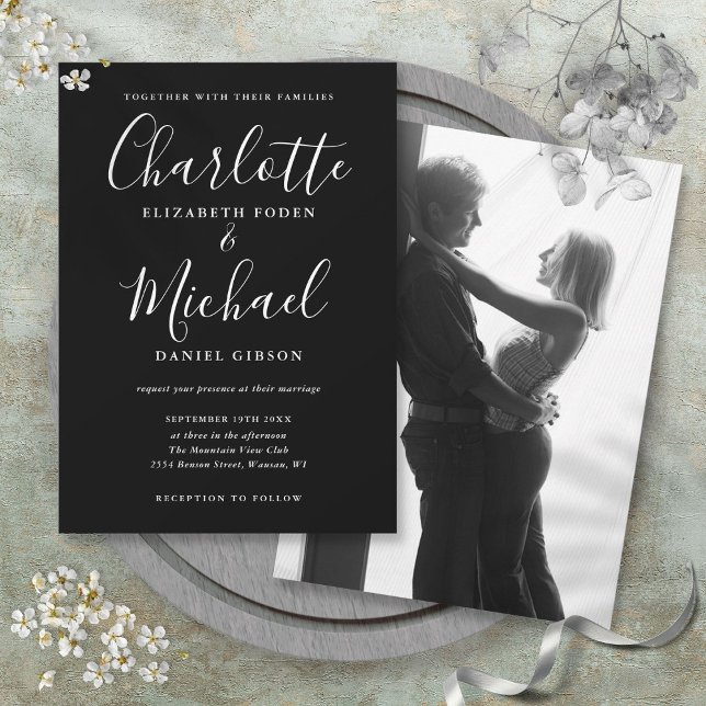 Convites Casamento Foto Monocromática Script Preto e Branco (Black And White Script Monochrome Photo Wedding Invitation)