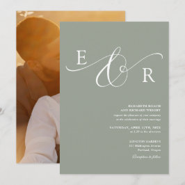 Convites Casamento Foto Monograma Elegante Verde Sage