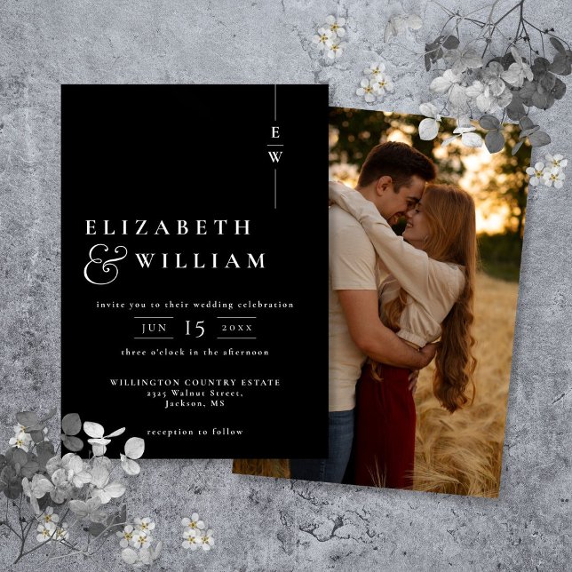 Convites Casamento Foto Monograma Moderno Preto e Branco (Black And White Modern Monogram Photo Wedding Invitation)