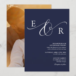 Convites Casamento Foto Monograma Script Elegante Azul Mari