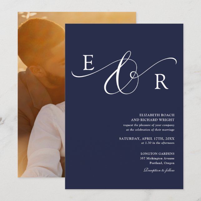 Convites Casamento Foto Monograma Script Elegante Azul Mari (Frente/Verso)