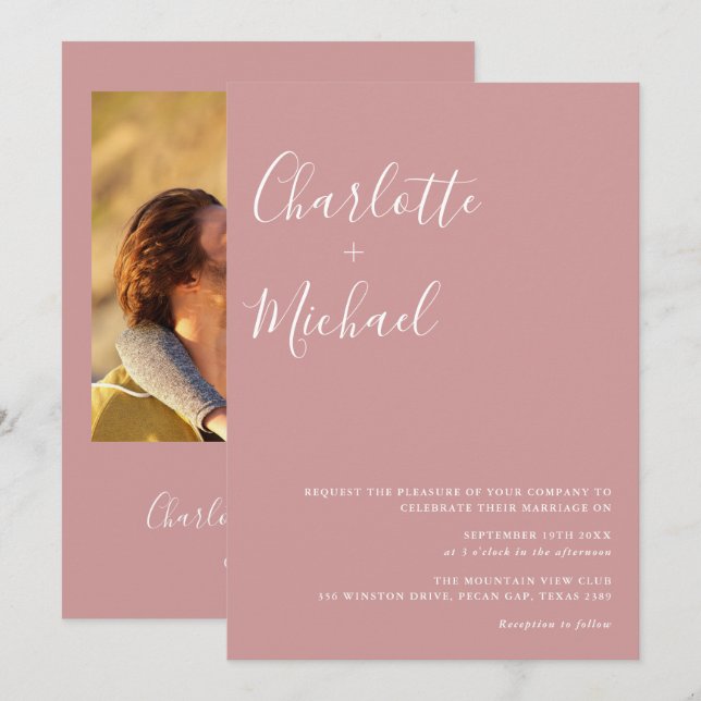 Convites Casamento Foto Rosa Pó Script Minimalista (Frente/Verso)