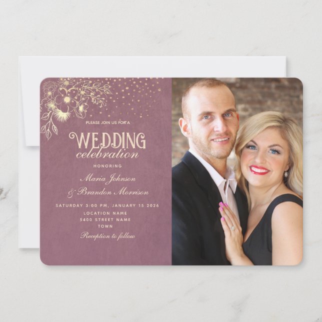 Convites Casamento Foto Roxo Dourado Elegante (Frente)