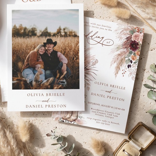 Convites Casamento Foto Rustico Western Boho Grama Pampas (Criador carregado)