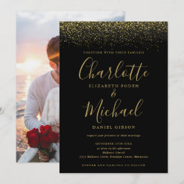 Convites Casamento Foto Script Glitter Preto E Dourado