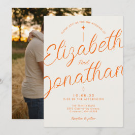 Convites Casamento Foto Script Moderno Ousado Retro Laranja
