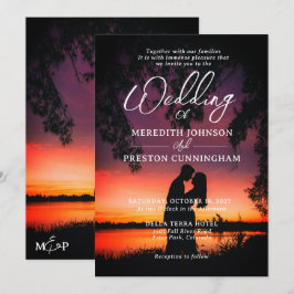 Convites Casamento Foto Silhueta do Pôr do Sol Romântico Mo