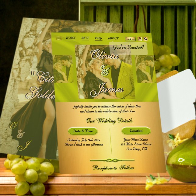 Convites Casamento Foto Sobreposta Ouro Verde Cítrico Moder (Criador carregado)