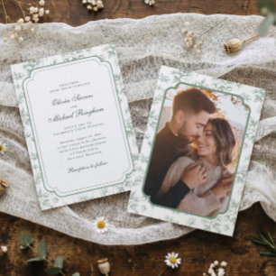 Convites Casamento Foto Toile Francês Vintage Verde Sage