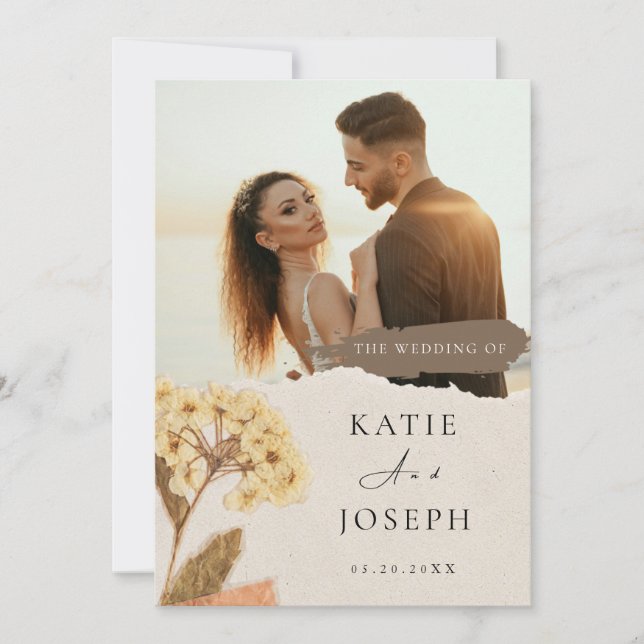 Convites Casamento Fotográfico Boho Elegante Branco e Creme (Frente)