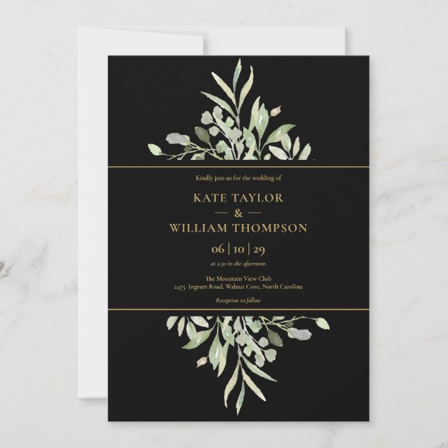 Convites Casamento Fotográfico Botânico Preto e Dourado (Frente)