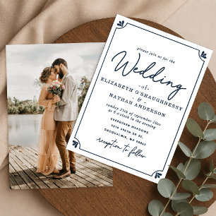 Convites Casamento Fotográfico Branco e Azul com Letra Eleg