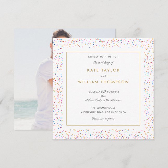 Convites Casamento Fotográfico Colorido Chic Rainbow Confet (Frente/Verso)
