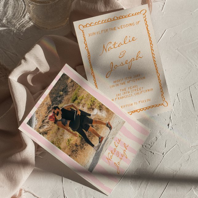 Convites Casamento Fotográfico Colorido com Pinstripes Escr (Criador carregado)