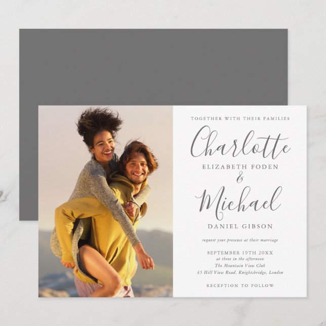 Convites Casamento Fotográfico com Letra de Assinatura Cinz (Frente/Verso)