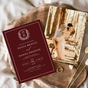 Convites Casamento Fotográfico de Burgundy Leafy Crest Mono