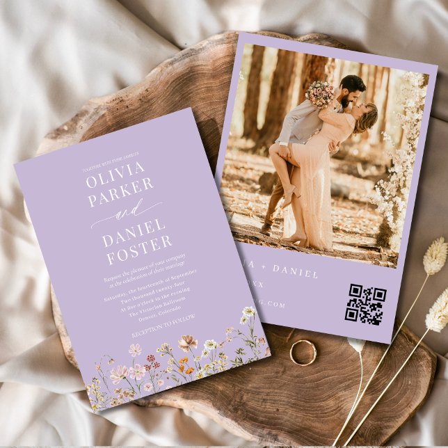 Convites Casamento Fotográfico de Código QR Roxo de Lavanda (Criador carregado)