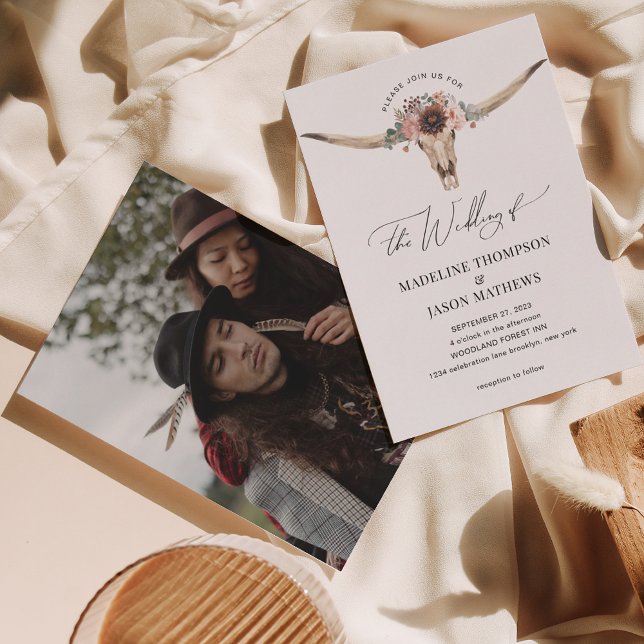 Convites Casamento Fotográfico de Crânio de Vaca Floral da  (Criador carregado)