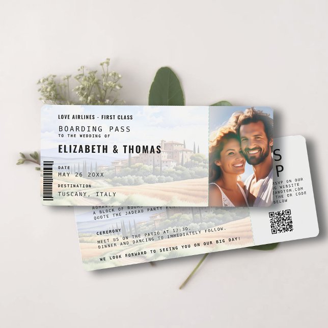 Convites Casamento Fotográfico de Destino da Toscana Embarq (tuscany destination wedding invitation boarding pass all in one qr code photo template)