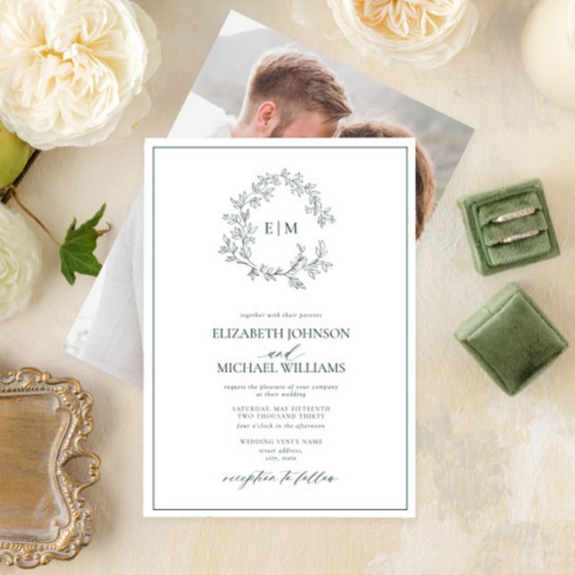 Convites Casamento Fotográfico de Emerald Green Leafy Crest (Criador carregado)