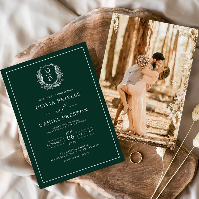 Convites Casamento Fotográfico de Emerald Green Leafy Crest (Criador carregado)