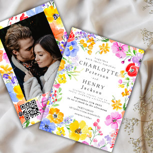 Convites Casamento Fotográfico de Flores de Água Vibrantes 