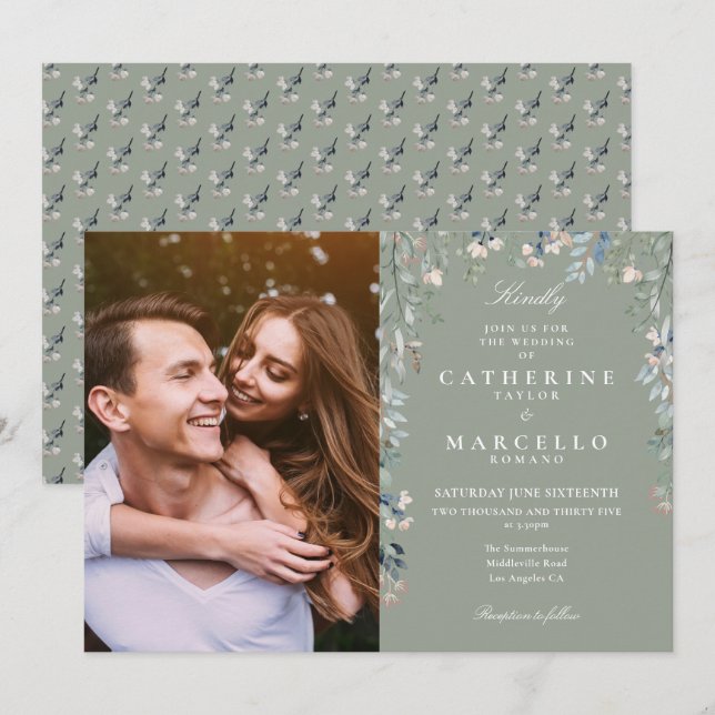 Convites Casamento Fotográfico de Flores Florais Verdes Sag (Frente/Verso)