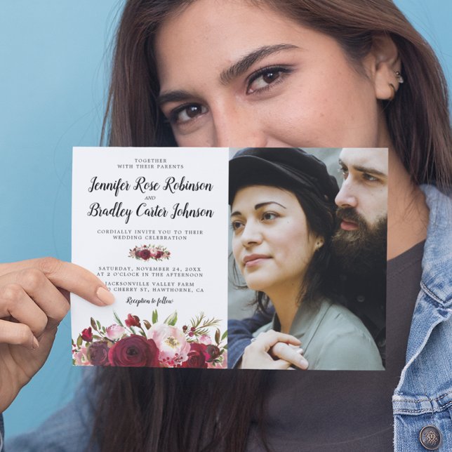 Convites Casamento Fotográfico de Flores Russas Blush Burgu (Criador carregado)