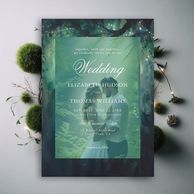 Convites Casamento Fotográfico de Floresta Encantada Manten (enchanted forest photo wedding invitation magical garden fairy lights hanging vines greenery emerald)