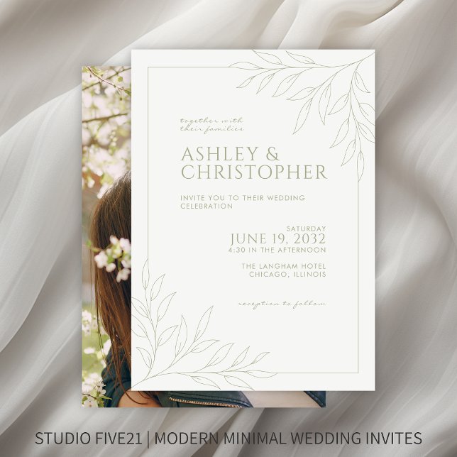 Convites Casamento Fotográfico de Folhagem Verde Moderna (Criador carregado)