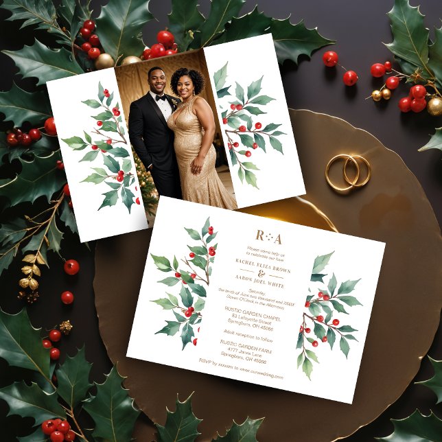 Convites Casamento Fotográfico de Holly do Natal eterno (Timeless Watercolor Effect Christmas Holly Branches Photo Faux Golden Wedding Invitations Cards.)