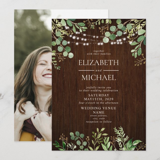 Convites Casamento Fotográfico de Luzes de Corda de Madeira (Frente/Verso)