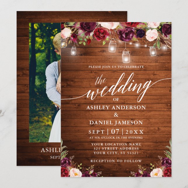 Convites Casamento Fotográfico de Luzes Florais Rustic (Frente/Verso)