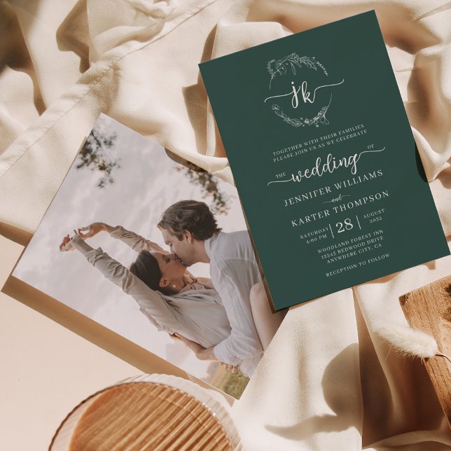 Convites Casamento Fotográfico de Monograma Verde da Flores (Criador carregado)