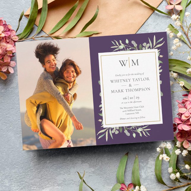 Convites Casamento Fotográfico de Monograma Verde Roxo (Criador carregado)