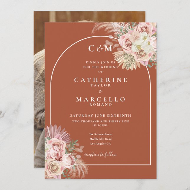 Convites Casamento Fotográfico de Terracotta Monugram Pampa (Frente/Verso)