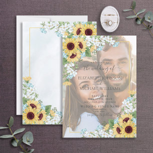 Convites Casamento Fotográfico de Vellum de Girassol Azul 