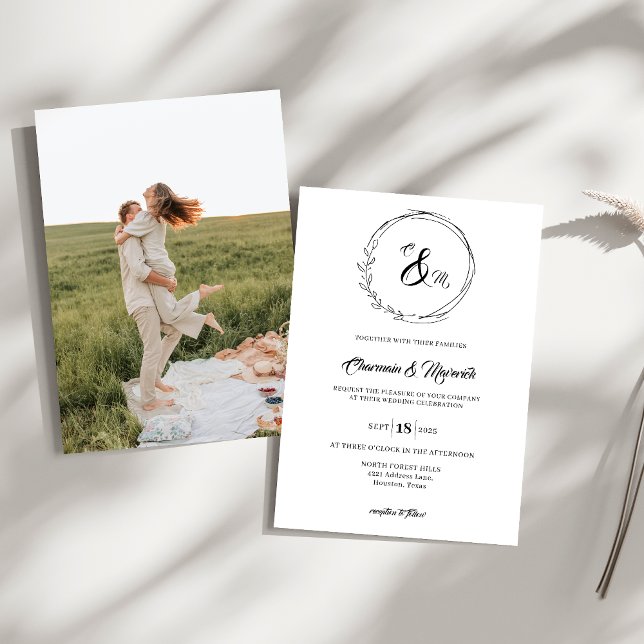 Convites Casamento Fotográfico de Wreath Monograma Elegante (Criador carregado)
