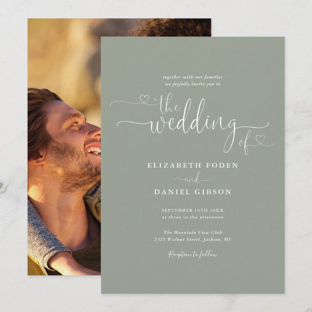 Convites Casamento Fotográfico do Elegant Sage Green Hearts (Frente/Verso)