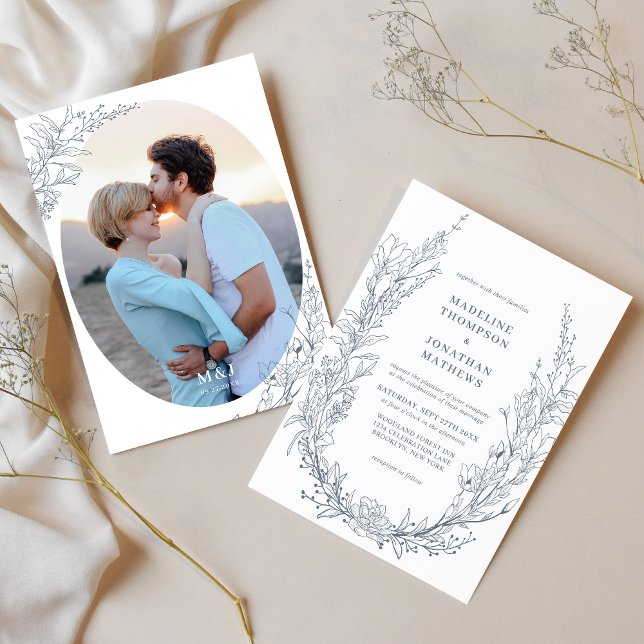 Convites Casamento Fotográfico do Monograma Floral do Azure (Criador carregado)