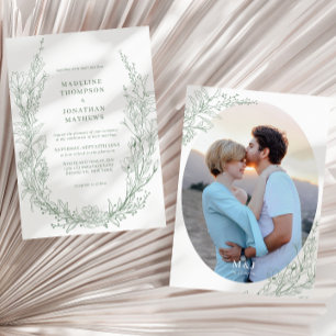 Convites Casamento Fotográfico do Monograma Floral Verde da