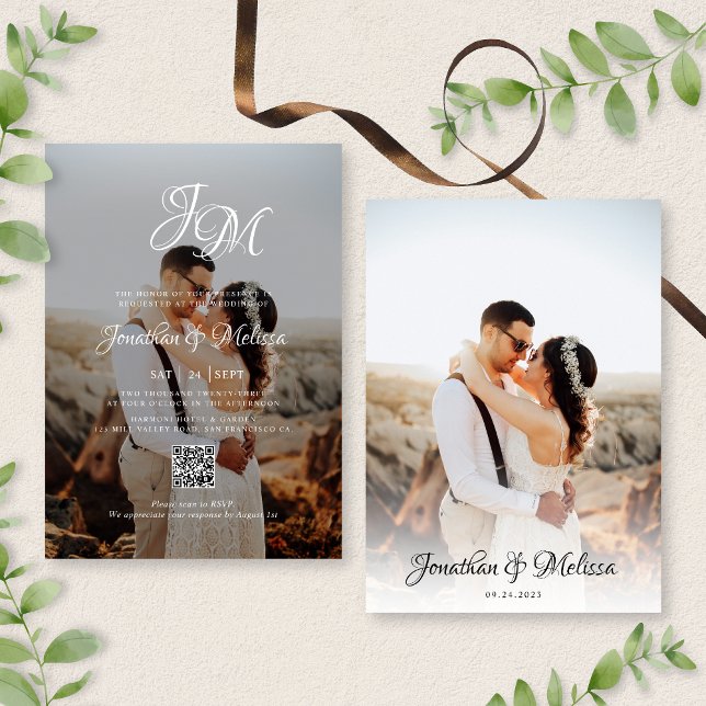 Convites Casamento Fotográfico do Monograma Script 2 de Orç (Criador carregado)