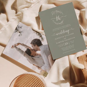 Convites Casamento Fotográfico do Monograma Verde Floral Wr