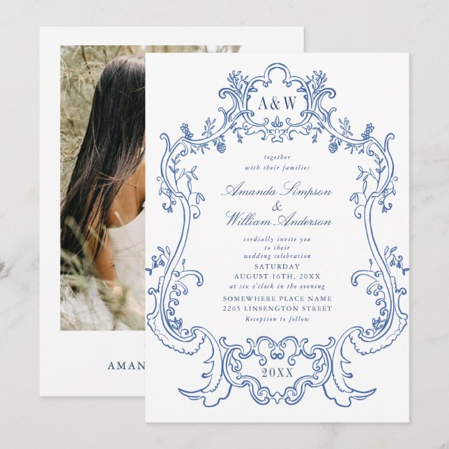 Convites Casamento Fotográfico do Quadro Azul Elegante Barr (Frente/Verso)