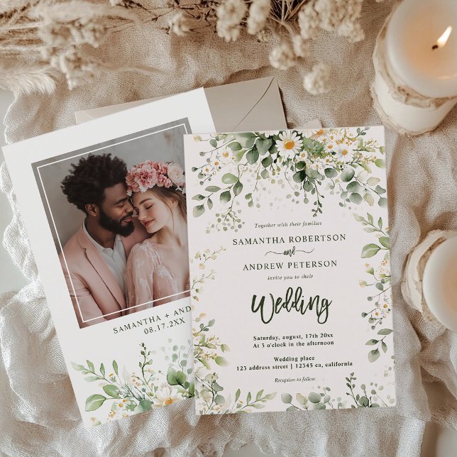 Convites Casamento Fotográfico Elegante Boho Greenery Wildf (Elegant Boho Greenery Wildflower Photo Wedding Invitation)