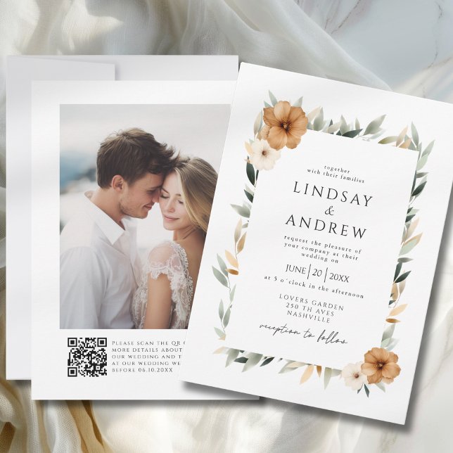 Convites Casamento Fotográfico Elegante com Cobre e Botânic (Elegant Copper & Earthy Botanical Photo & QR Code Wedding Invitation)